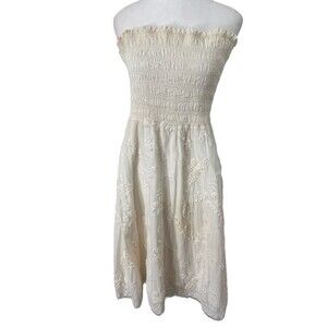 Lyndia Procanik Ivory Dress Strapless Smocked Embellished Sz 10 Boho Lined